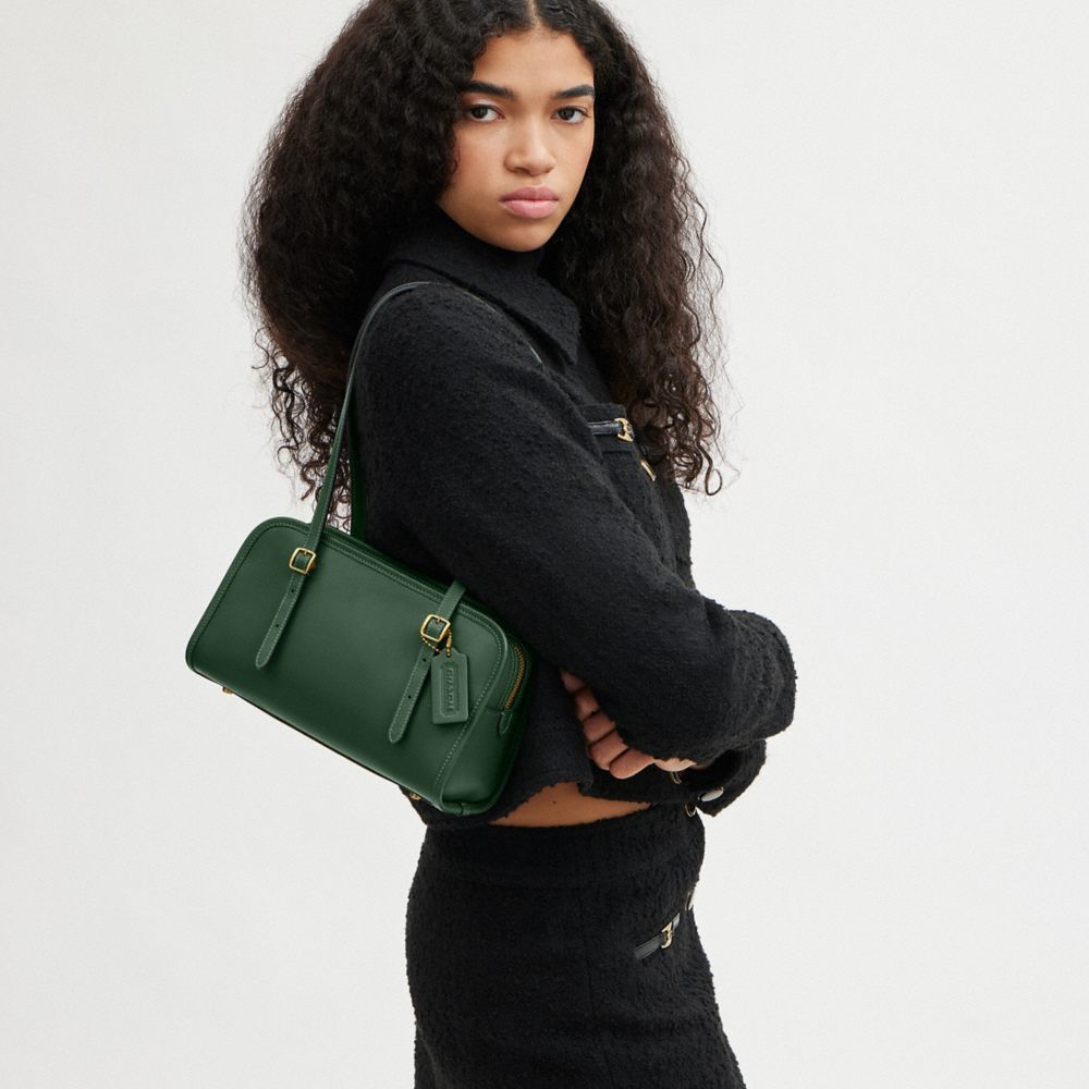 COACH®,Swing Zip Bag,Leather,Shoulder Bag,Logo,Work,Green,Detail View