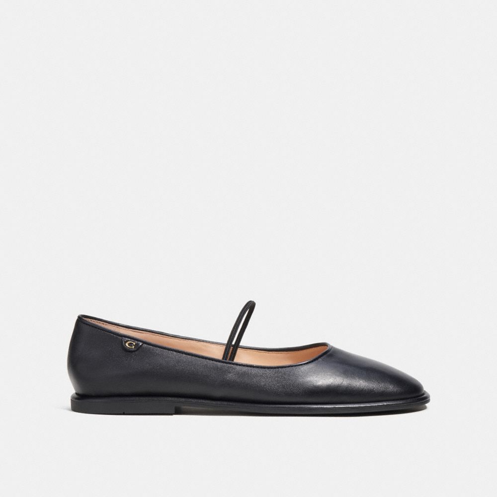 COACH®,Emilia Mary Jane,Lining Leather,Leather,Rubber,Ballet Flats,Foam,Logo,Metal,Cushioned,Traction,Work,Black,Angle View