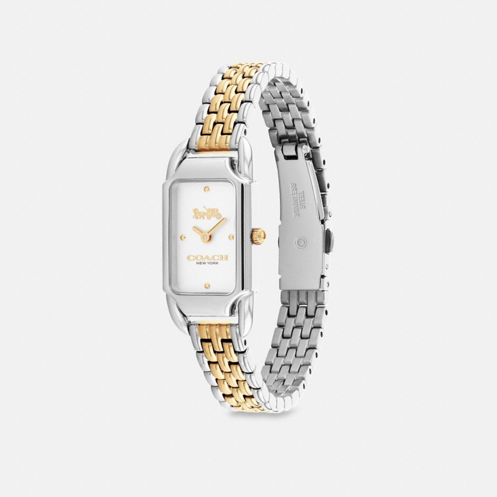 COACH®,Cadie Watch, 17.5 Mm X 28.5 Mm,Analog,Crystal,Logo,Word Embellishment,Water Resistant,Mixed Metal,Stainless Steel,Work,,Angle View