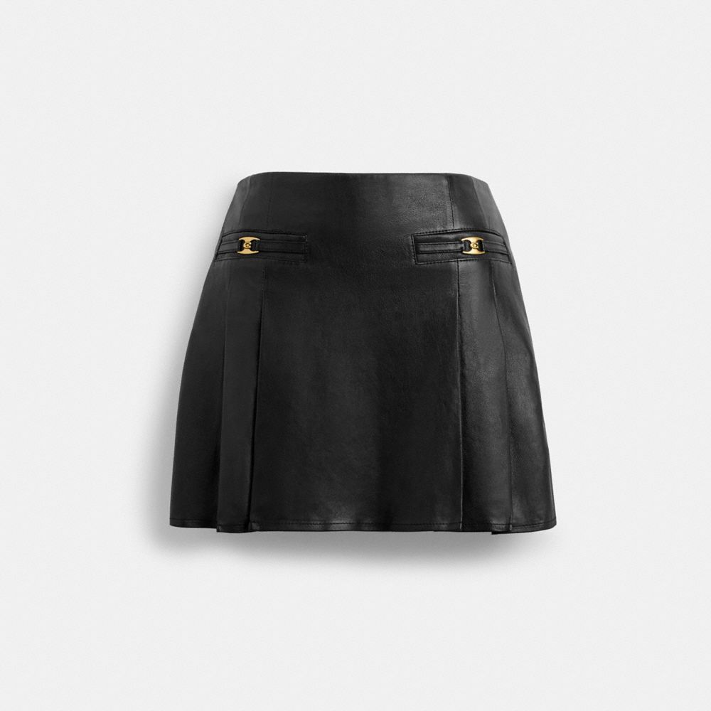 COACH®,Heritage C Leather Mini Skirt,Leather,Polyester,Pleated,A-Line,Logo,Metal,Pleats,Cocktail,Black,Front View