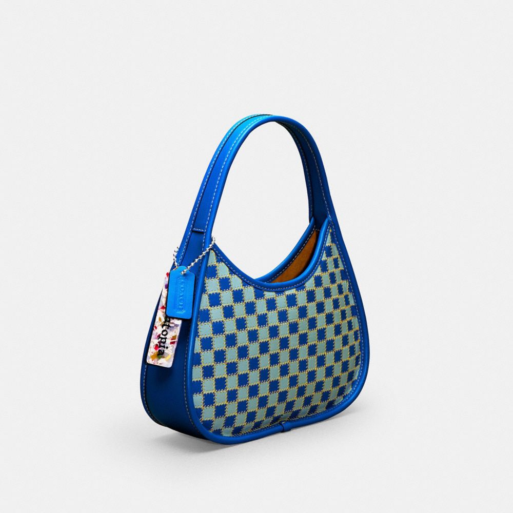 COACH®,Mini Ergo Bag In Checkerboard Upcrafted Leather,Leather,Nylon,Recycled Polyester,Shoulder Bag,Resin,Plastic,Embosse...,Blue,Angle View