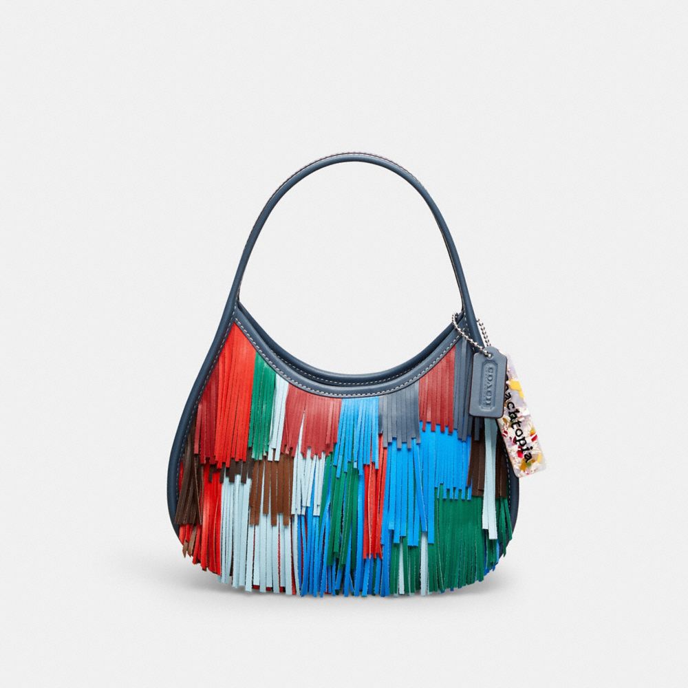 COACH®,Ergo Bag In Upcrafted Leather With Fringe,Shoulder Bag,Plastic,Fringe,Piping,Logo,Day Party,Multi Color,Front View