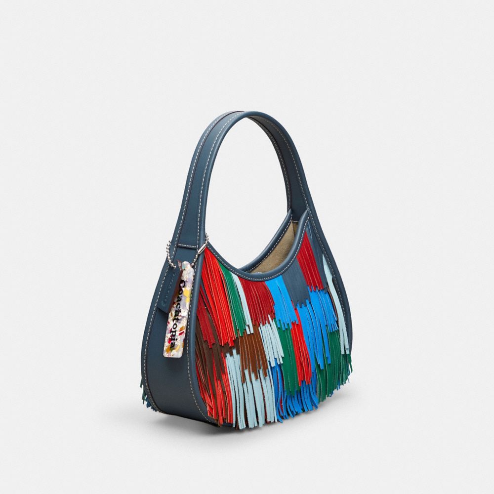 COACH®,Ergo Bag In Upcrafted Leather With Fringe,Shoulder Bag,Plastic,Fringe,Piping,Logo,Day Party,Multi Color,Angle View