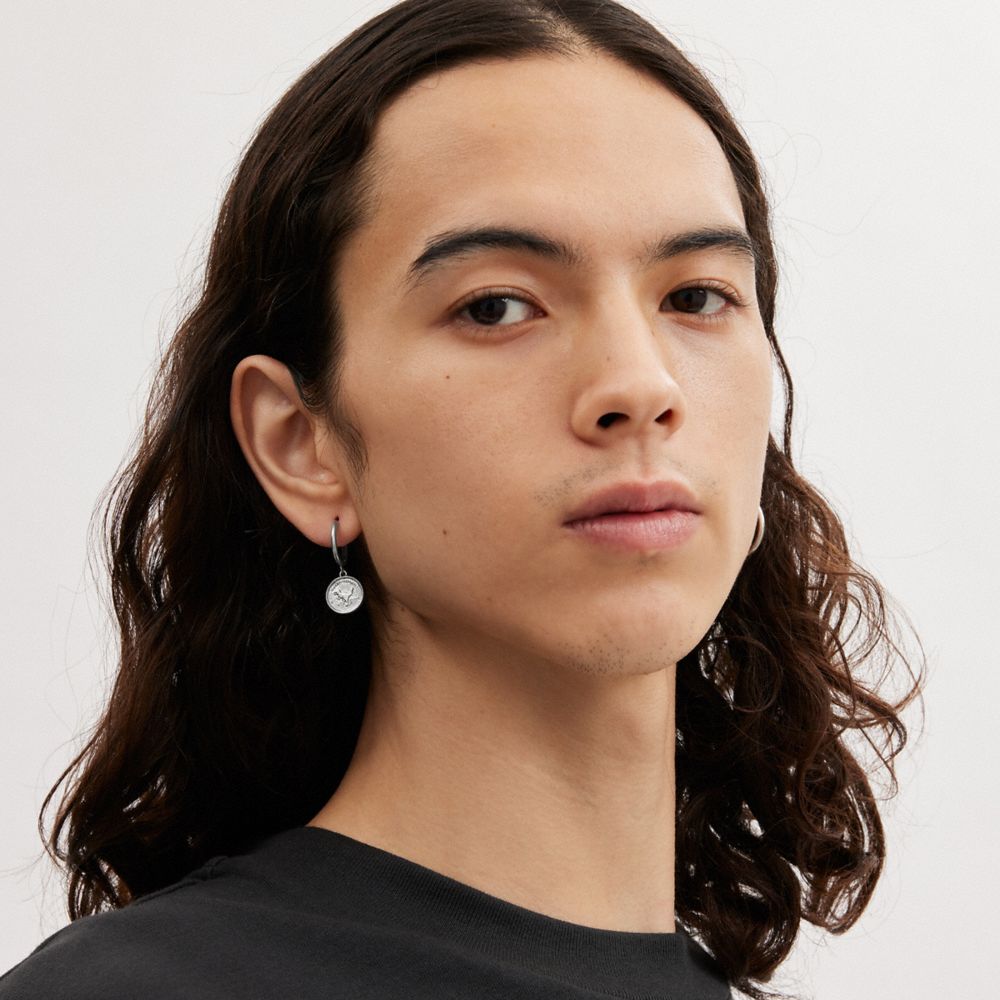 COACH®,STERLING SILVER COIN SINGLE HUGGIE EARRING,Sterling Silver,,Detail View