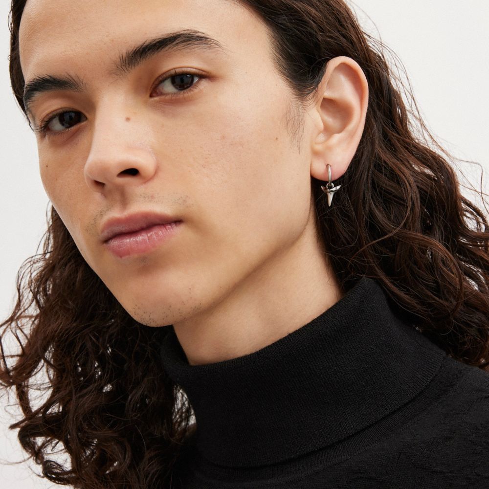 COACH®,STERLING SILVER SHARK TOOTH SINGLE HUGGIE EARRING,Sterling Silver,,Detail View