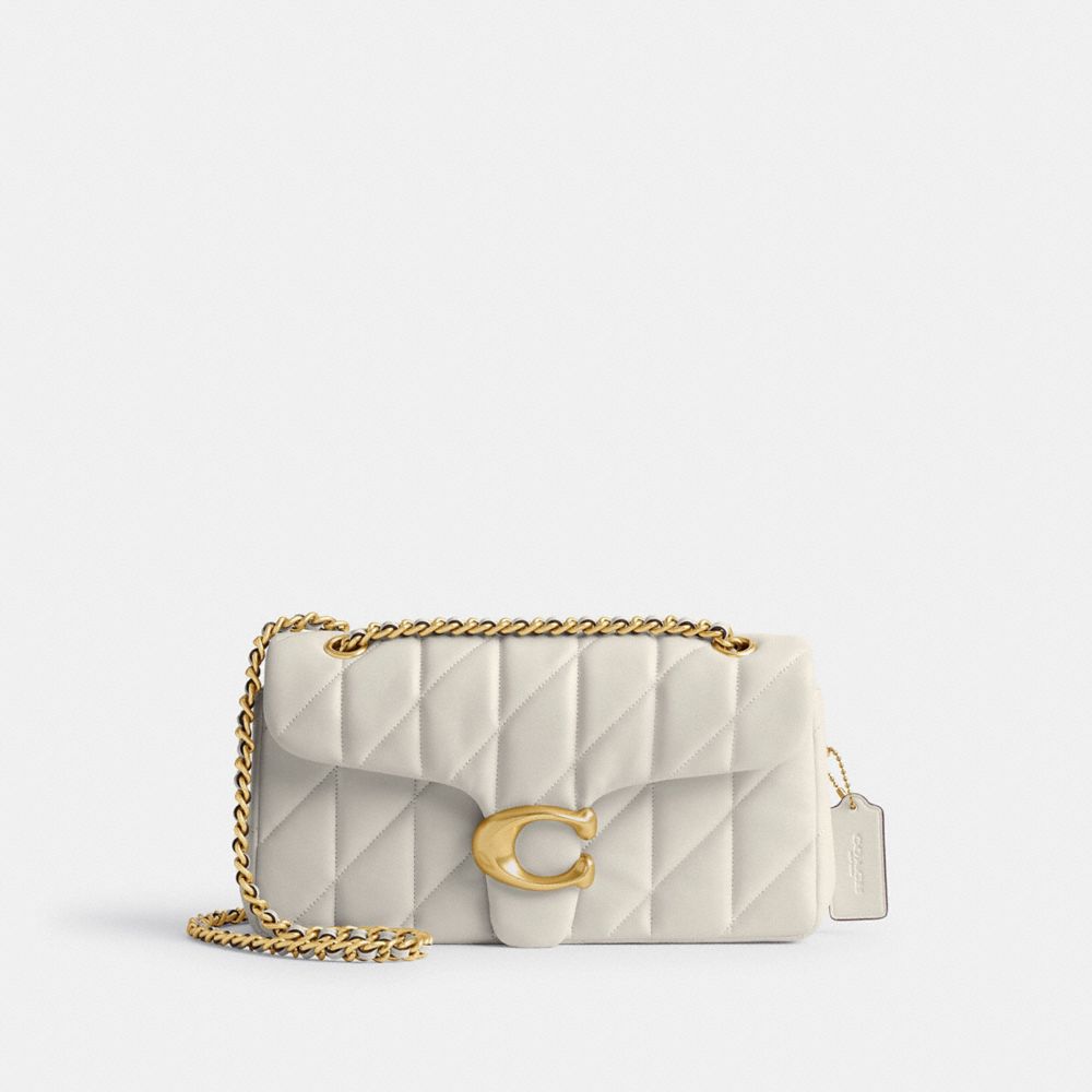 COACH®,Tabby Shoulder Bag 26 With Pillow Quilting,Leather,Shoulder Bag,Chain Detail,Logo,Metal,Compact,Silver Metal,Day Party,Cream,Front View