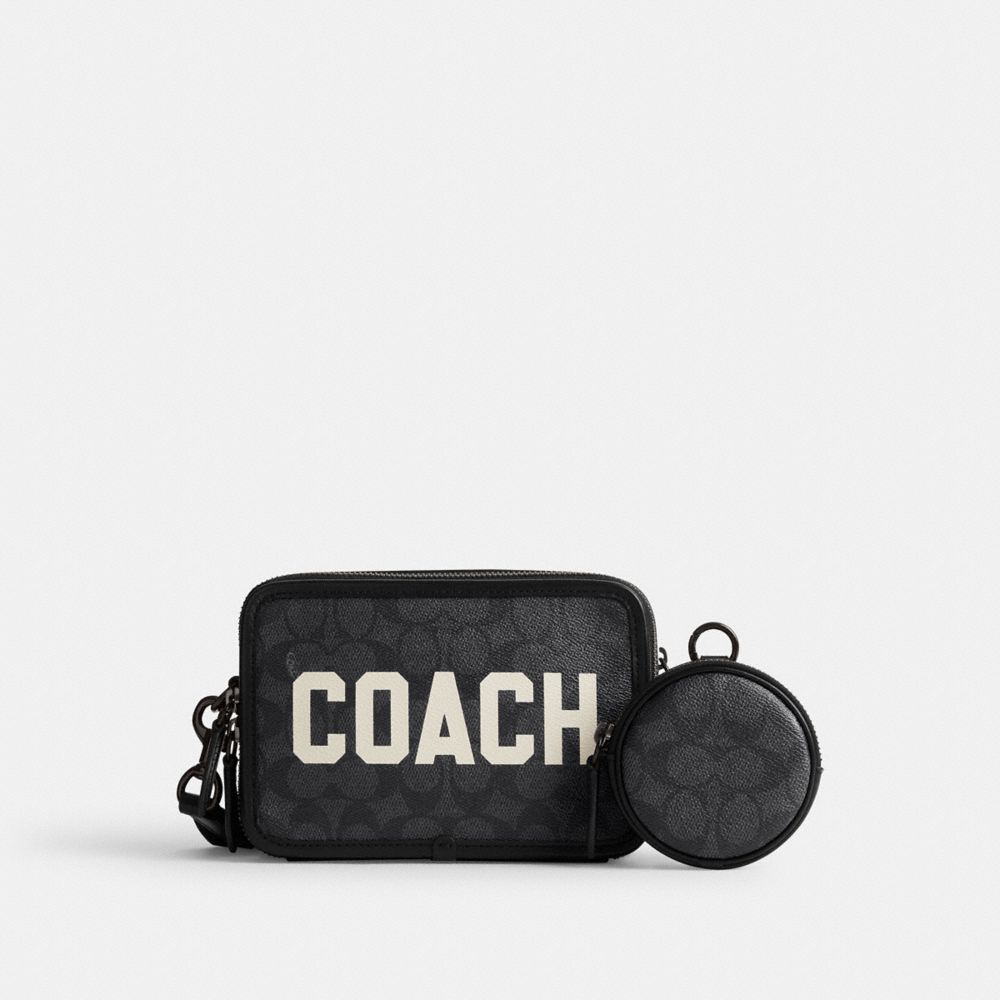 COACH®,Charter Crossbody Bag In Signature Canvas With Coach Graphic,Leather,Crossbody,Coin,Color Block,Logo,Word Embellish...,Black,Front View