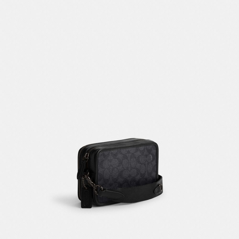 COACH®,Charter Crossbody Bag In Signature Canvas With Coach Graphic,Leather,Crossbody,Coin,Color Block,Logo,Word Embellish...,Black,Angle View