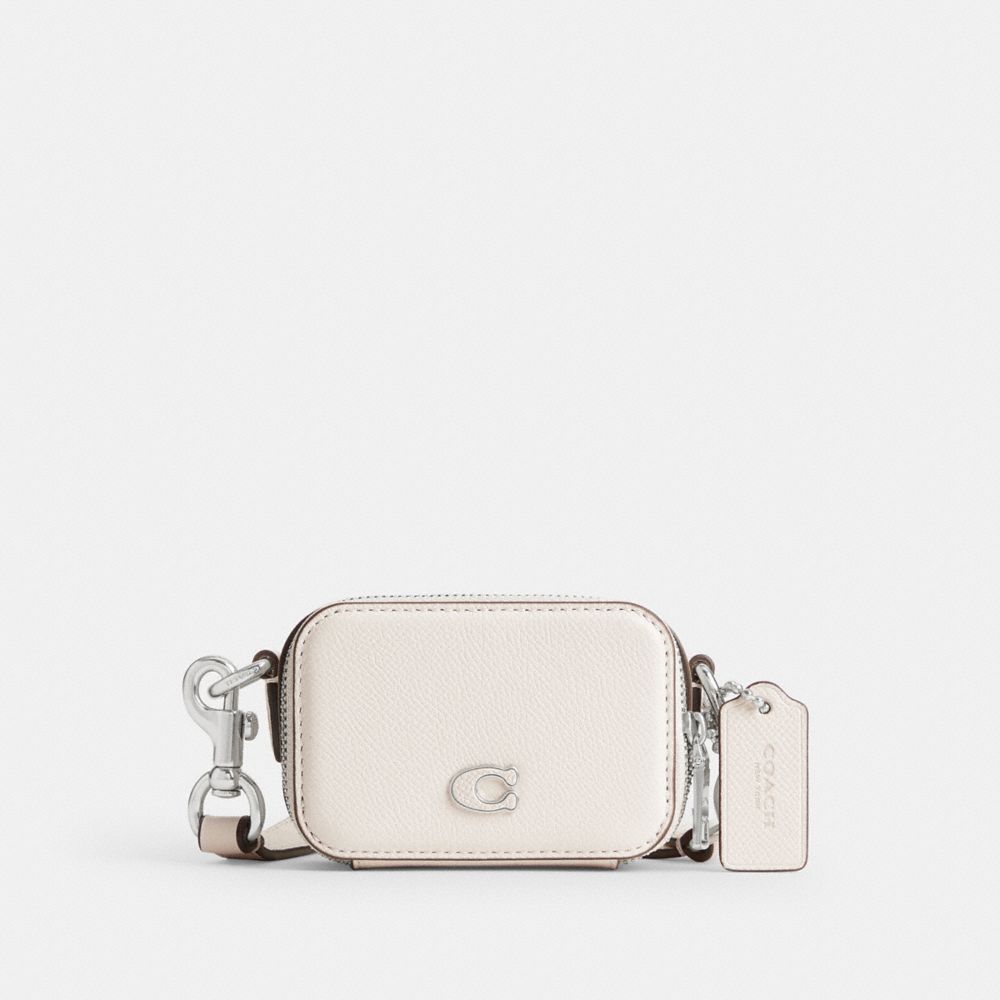 COACH®,Crossbody Pouch,Leather,Crossbody,Metal,Logo,Scratch Resistant,Silver Metal,Casual,White,Front View