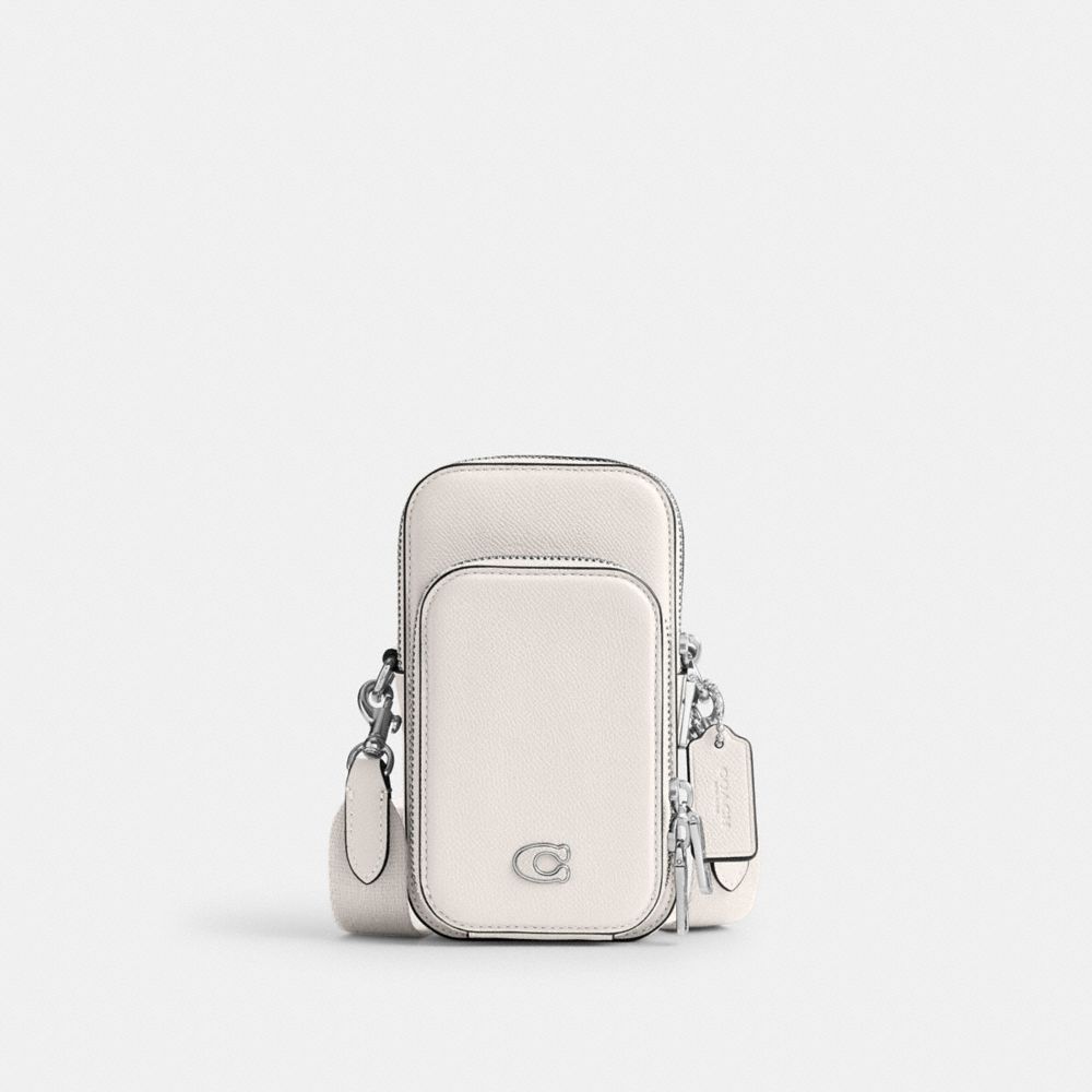COACH®,Phone Crossbody,Leather,Mobile Bag,Logo,Piping,Metal,Engraved Detail,Scratch Resistant,Casual,White,Front View