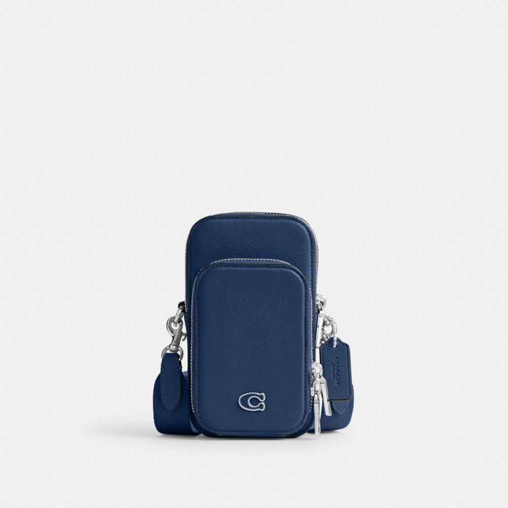 COACH®,Phone Crossbody,Leather,Mobile Bag,Logo,Piping,Metal,Engraved Detail,Scratch Resistant,Casual,Navy,Front View