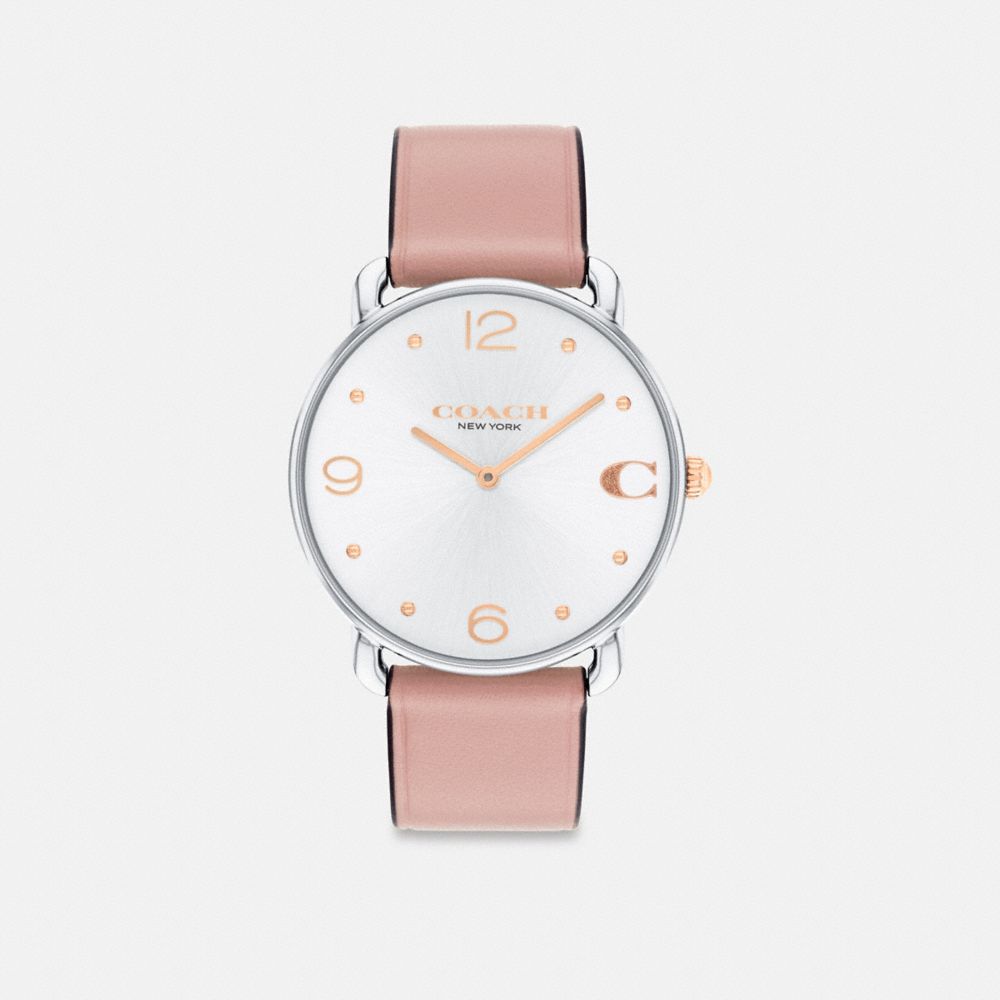 COACH®,Elliot Watch, 36 Mm,Analog,Crystal,Leather,Logo,Word Embellishment,Water Resistant,Stainless Steel,Casual,Blush,Front View