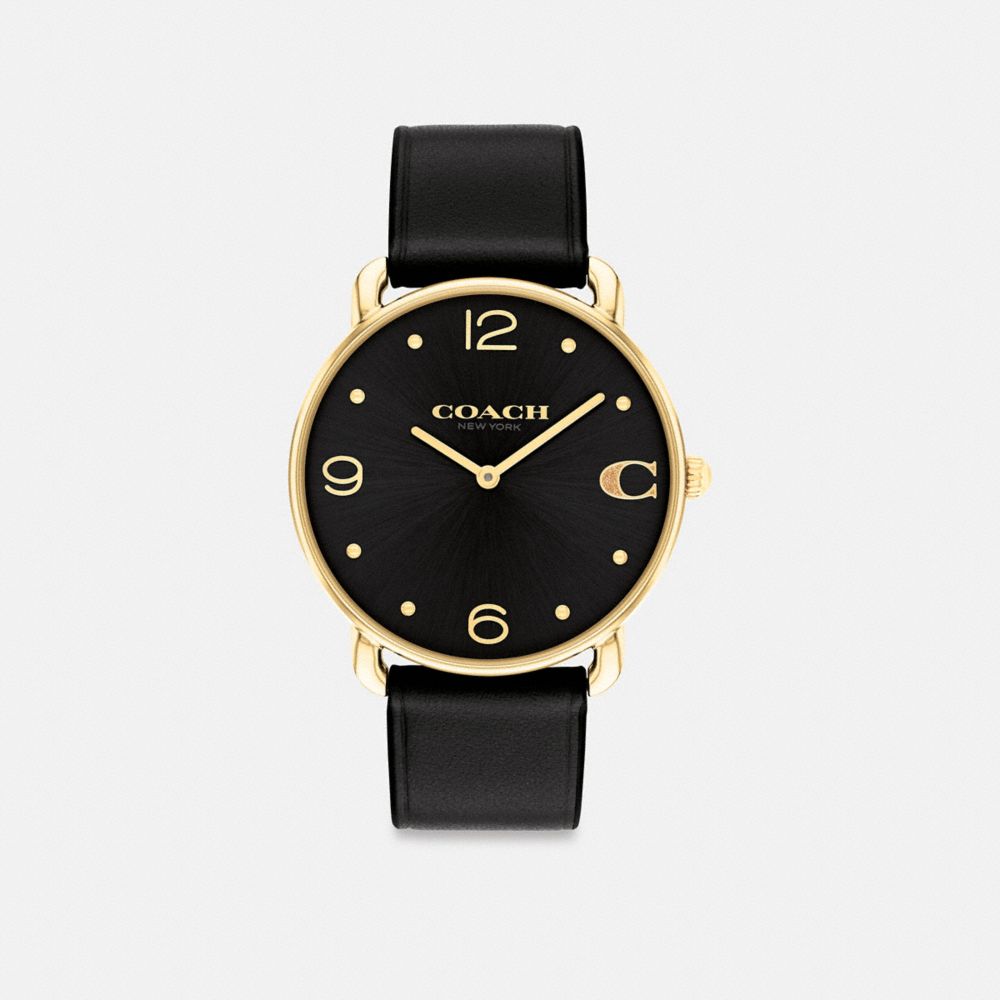 COACH®,Elliot Watch, 36 Mm,Analog,Crystal,Leather,Logo,Word Embellishment,Water Resistant,Gold Metal,Casual,Black,Front View