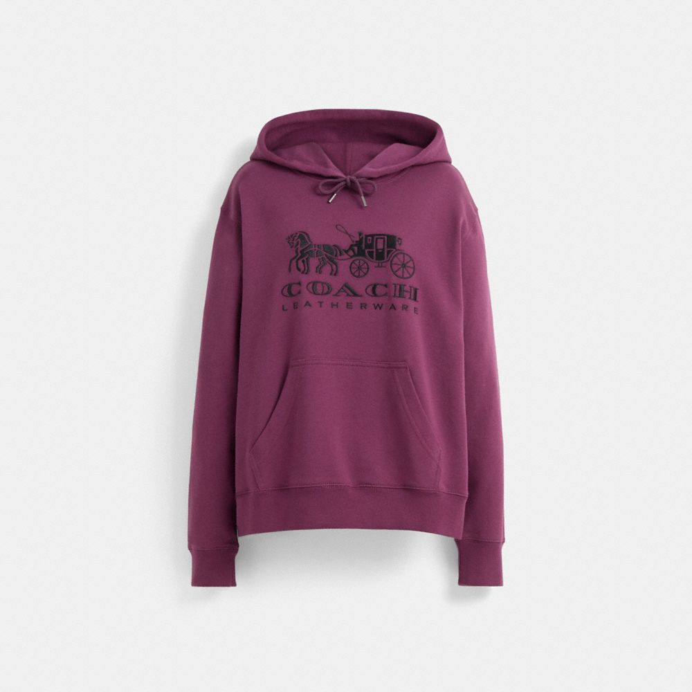 COACH®,Restored Horse And Carriage Hoodie In Organic Cotton,Organic Cotton,Sweatshirt,Drawstring,Casual,Purple,Front View