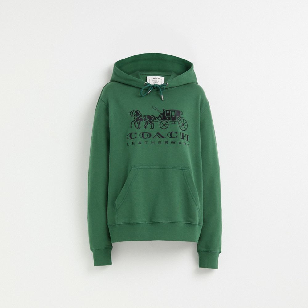 COACH®,Restored Horse And Carriage Hoodie In Organic Cotton,Organic Cotton,Sweatshirt,Drawstring,Casual,Green,Front View