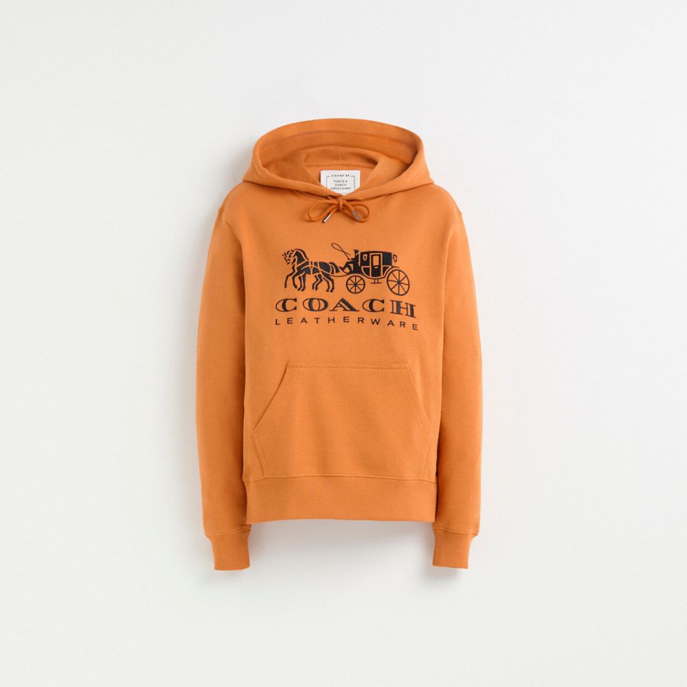 COACH®,Restored Horse And Carriage Hoodie In Organic Cotton,Organic Cotton,Sweatshirt,Drawstring,Casual,Orange,Front View