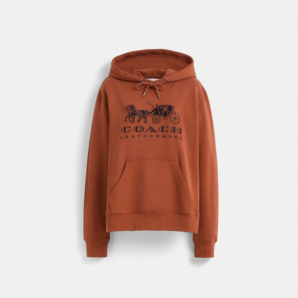 COACH®,Restored Horse And Carriage Hoodie In Organic Cotton,Organic Cotton,Sweatshirt,Drawstring,Casual,Brown,Front View