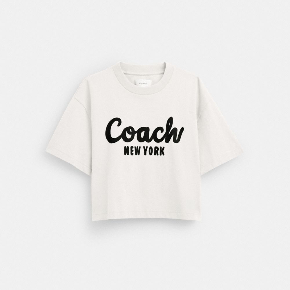 COACH®,Cursive Signature Cropped T Shirt,Cotton,T Shirt,No Embellishment,Casual,White,Front View