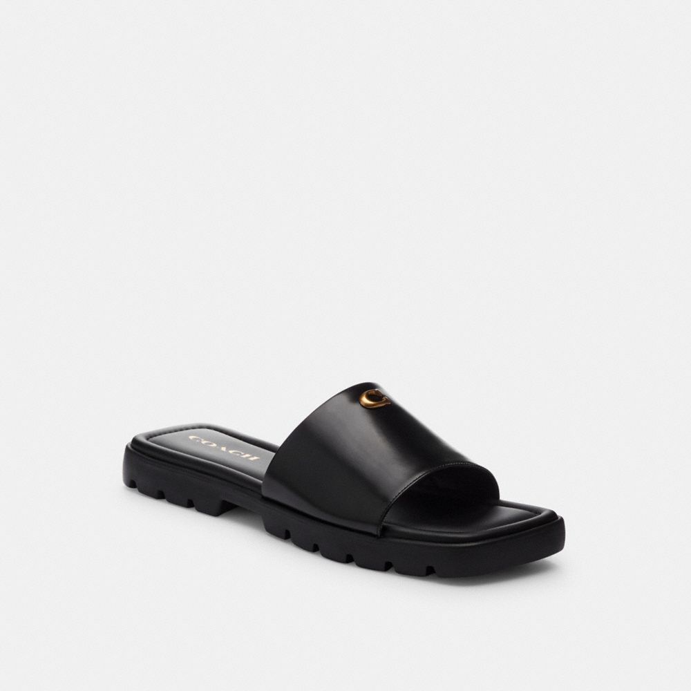 COACH®,Florence Sandal,Leather,Lining Leather,Slides,Metal,Logo,Cushioned,Casual,Black