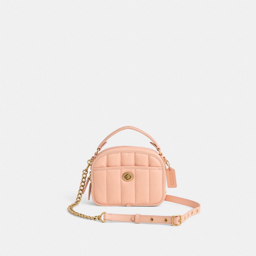 COACH®,Restored Lunchbox Top Handle Bag With Quilting,Leather,Crossbody,Plastic,Embossed,Logo,Compact,Gold Plated,Day Party,Pink,Front View