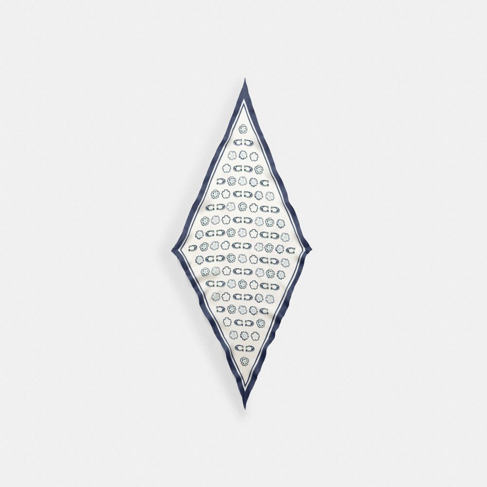 COACH®,Tea Rose Print Silk Diamond Scarf,Silk,Rectangle,Bandana,Stripe,Casual,Navy,Front View
