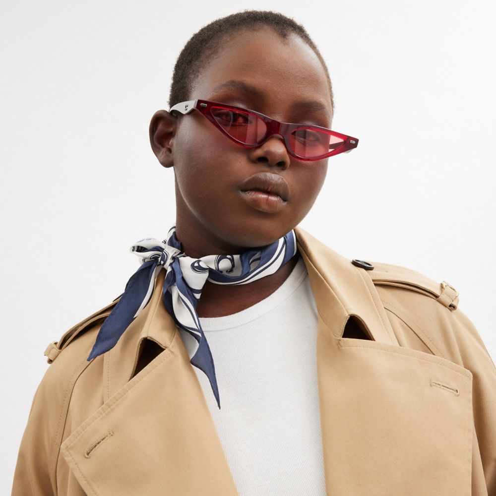 COACH®,Tea Rose Print Silk Diamond Scarf,Silk,Rectangle,Bandana,Stripe,Casual,Navy,Detail View
