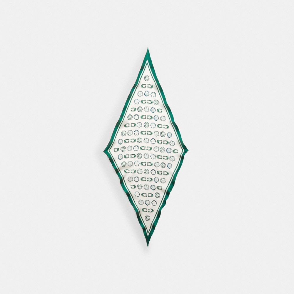 COACH®,Tea Rose Print Silk Diamond Scarf,Silk,Rectangle,Bandana,Stripe,Casual,White,Front View