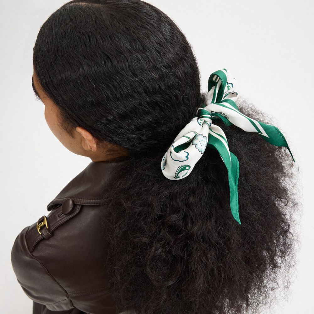 COACH®,Tea Rose Print Silk Diamond Scarf,Silk,Rectangle,Bandana,Stripe,Casual,White,Detail View