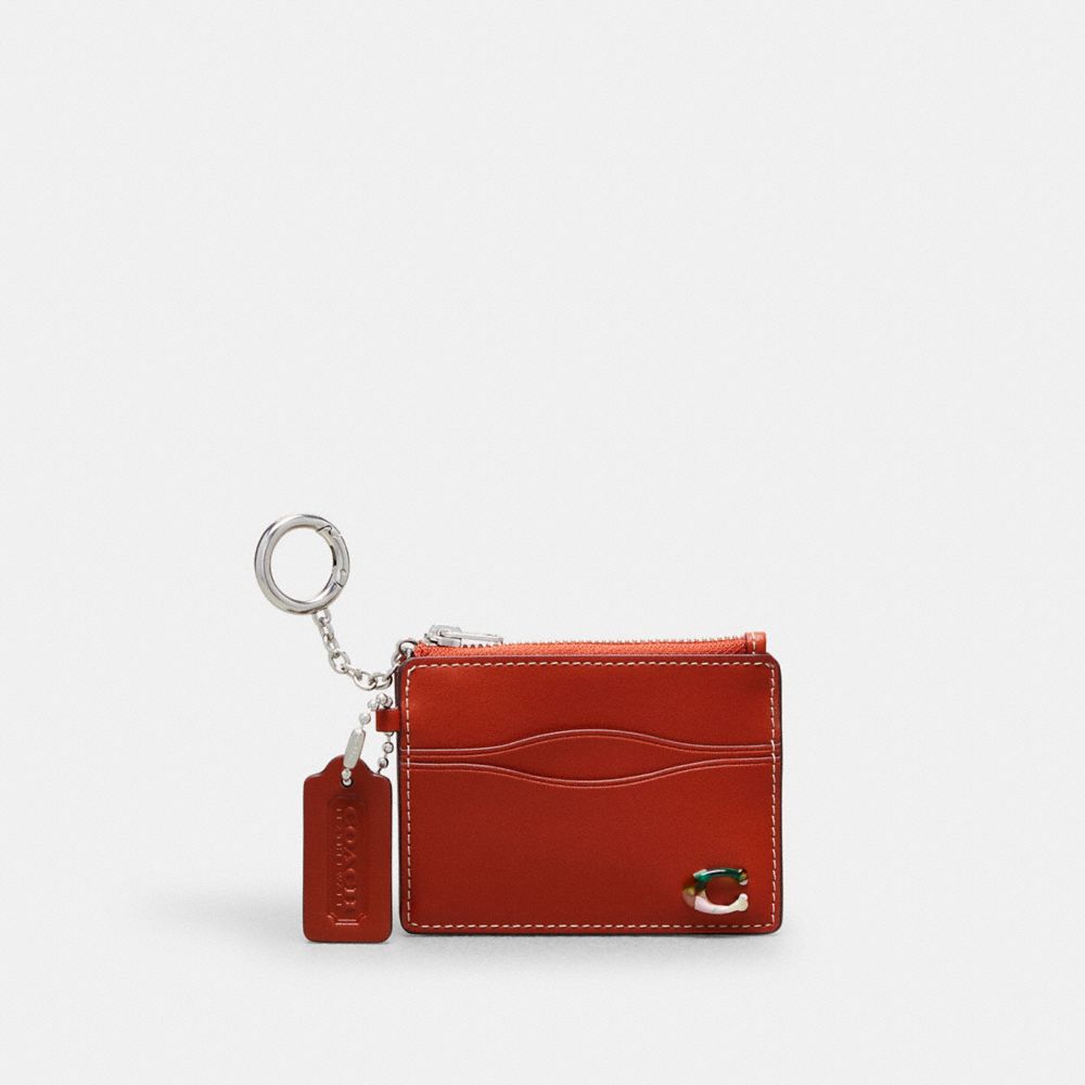 COACH®,Wavy Zip Card Case In Coachtopia Leather With Key Ring,Leather,Card Case,Coin,Key Chain,Metal,Logo,Key Ring,Casual,Brown,Burnt Orange,Front View