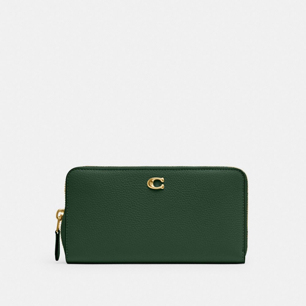 COACH®,Essential Accordion Zip Wallet,Leather,Continental,Metal,Logo,Casual,Emerald,Front View