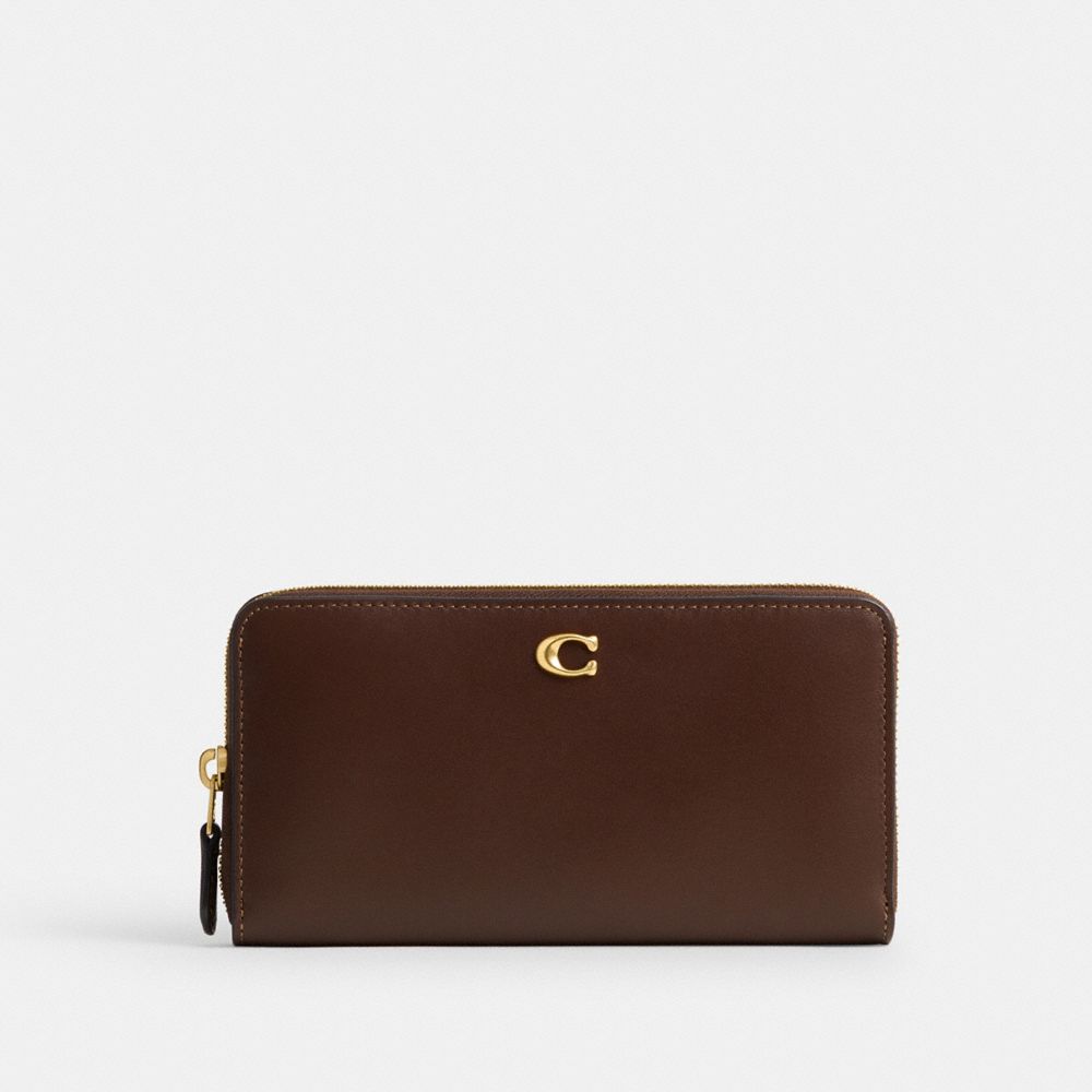 COACH®,Essential Accordion Zip Wallet,Calfskin Leather,Continental,Metal,Logo,Casual,Brown,Front View