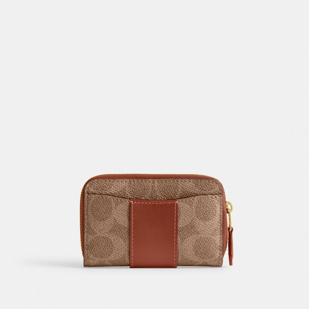 COACH®,Essential Small Zip Around Card Case In Signature Canvas,Leather,Canvas,Calfskin Leather,Card Case,Coin,Color Block...,Brown,Back View