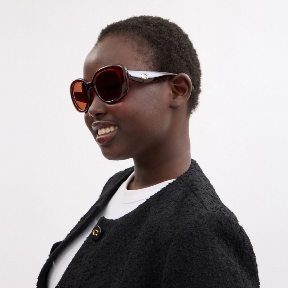 COACH®,C Hardware Round Sunglasses,Square,Logo,Metal,Integrated Nose Pads,Casual,Brown,Angle View