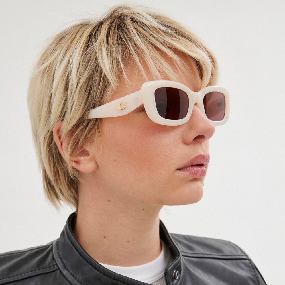 COACH®,C Hardware Narrow Rectangle Sunglasses,Rectangle,Metal,Logo,Integrated Nose Pads,Casual,Maroon,Angle View