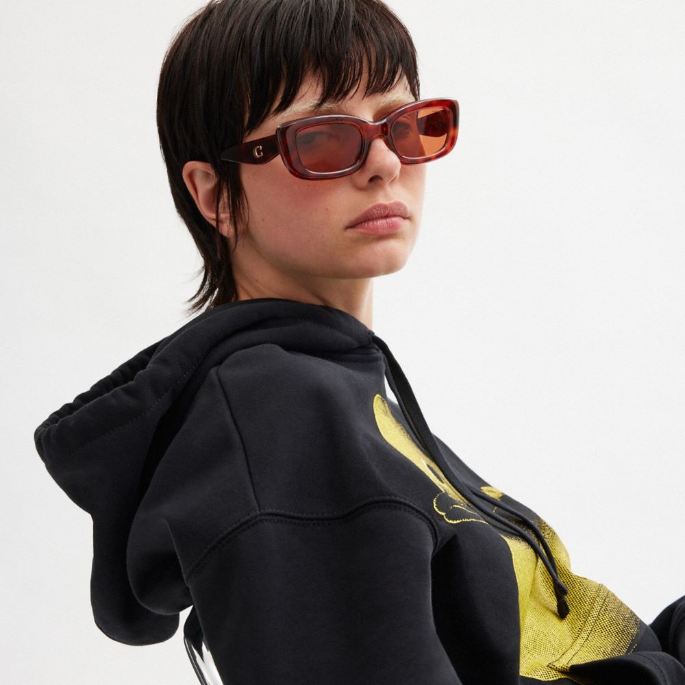 COACH®,C Hardware Narrow Rectangle Sunglasses,Rectangle,Logo,Metal,Integrated Nose Pads,Casual,Brown,Angle View