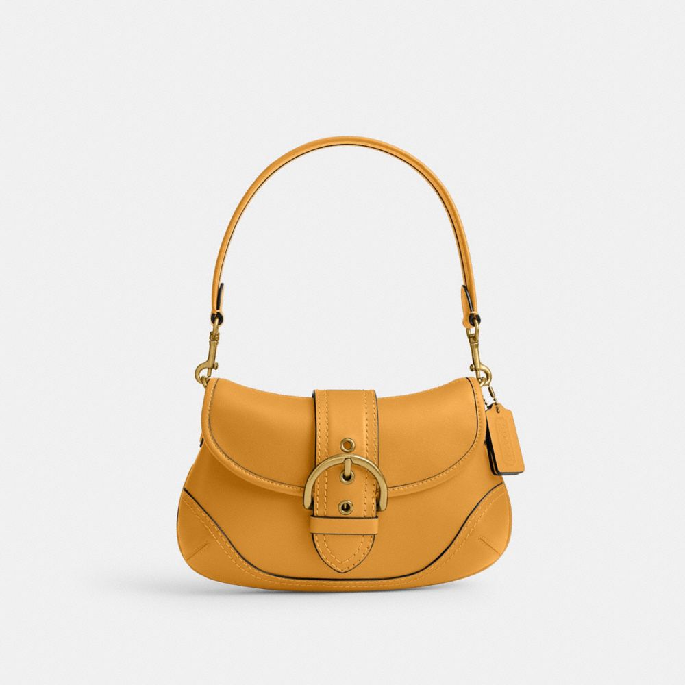 COACH®,Soho Flap Bag In Regenerative Leather,Leather,Shoulder Bag,Logo,Embossed,Stitching,Casual,Mustard,Front View