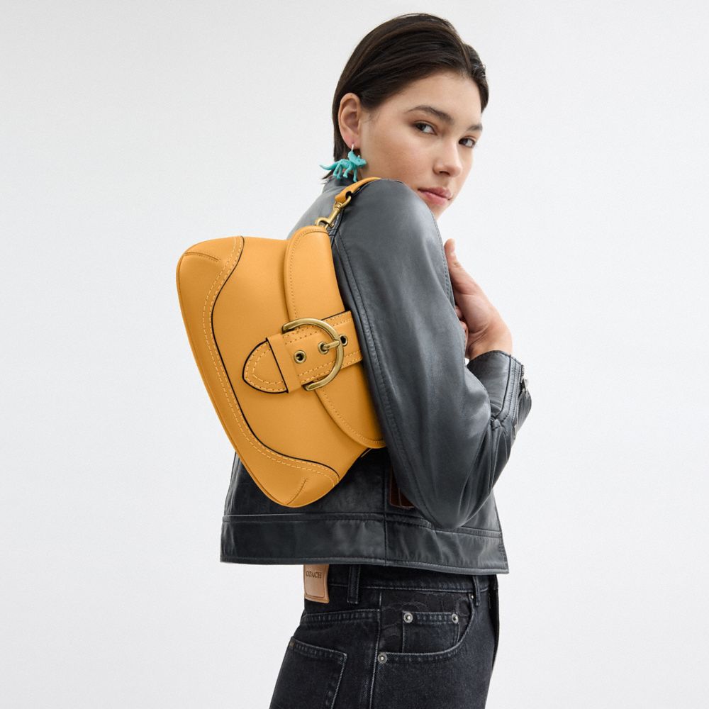 COACH®,Soho Flap Bag In Regenerative Leather,Leather,Shoulder Bag,Logo,Embossed,Stitching,Casual,Mustard,Detail View