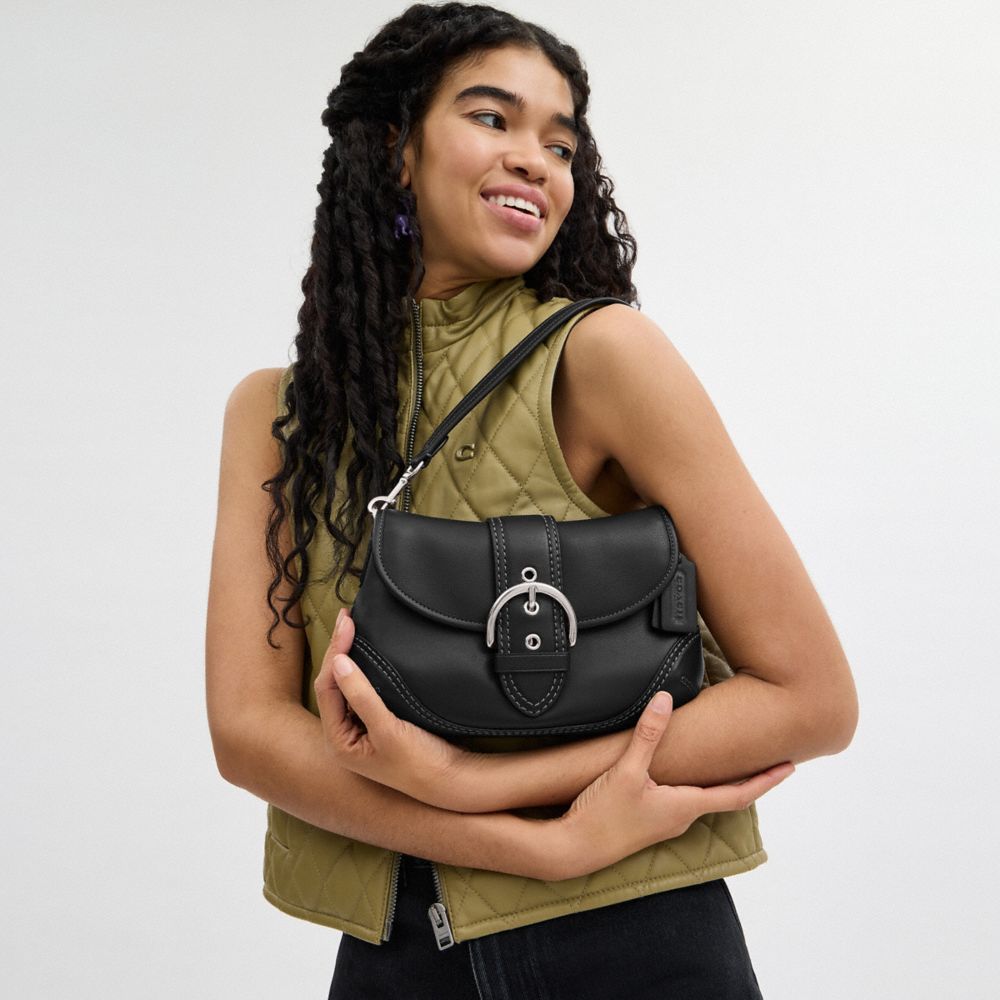 COACH®,Soho Flap Bag In Regenerative Leather,Leather,Shoulder Bag,Logo,Embossed,Stitching,Casual,Black,Detail View
