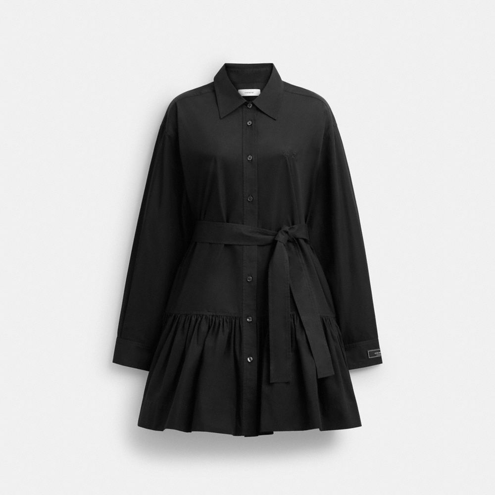 COACH®,Shirt Dress In Organic Cotton,Organic Cotton,Drop Waist,Shirt Dress,A-Line,Logo,Tag Embellishment,Tie Belt,Eco-Frie...,Black,Front View