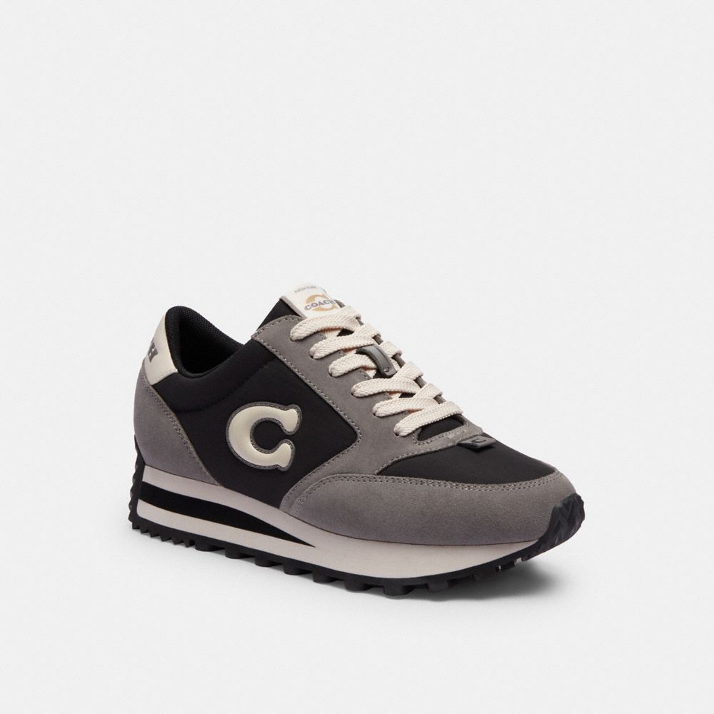 COACH®,Runner Sneaker,Leather,Suede,Casual,Fabric,Color Block,Mixed Media,Pull Tab,Casual,Black,Front View