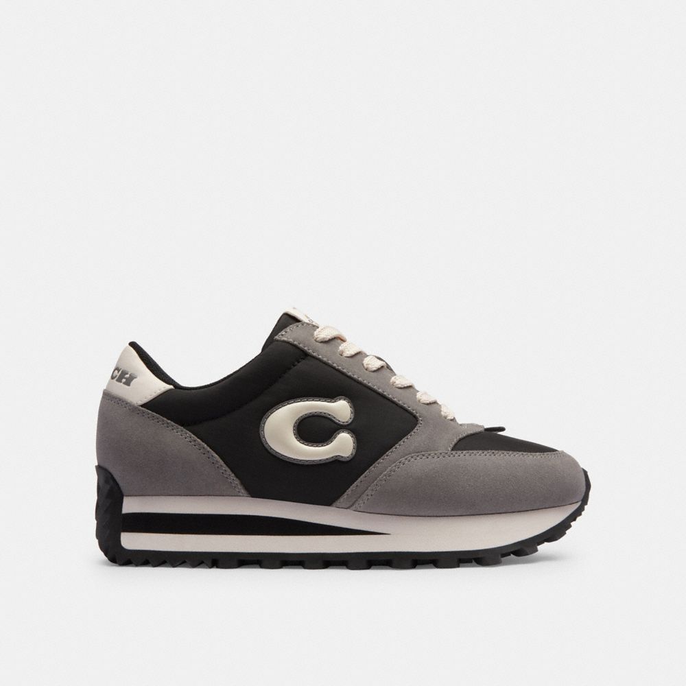 COACH®,Runner Sneaker,Leather,Suede,Casual,Fabric,Color Block,Mixed Media,Pull Tab,Casual,Black,Angle View