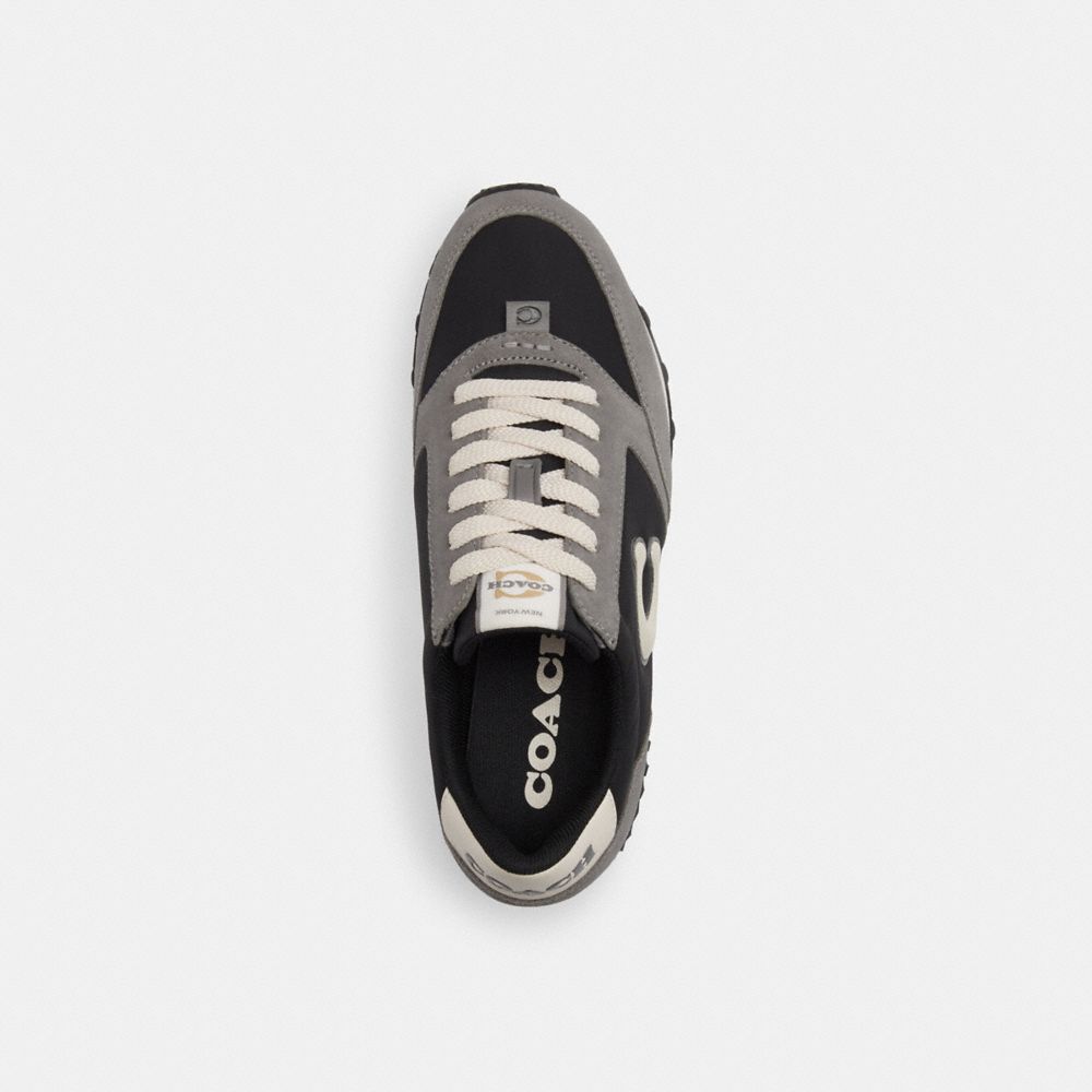 COACH®,Runner Sneaker,Leather,Suede,Casual,Fabric,Color Block,Mixed Media,Pull Tab,Casual,Black,Inside View,Top View