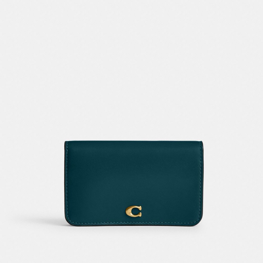 COACH®,Essential Slim Card Case,Calfskin Leather,Bi Fold,Logo,Metal,Casual,Teal,Front View