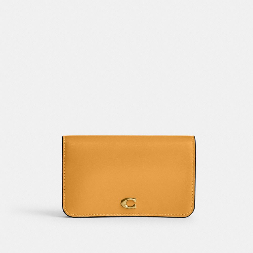 COACH®,Essential Slim Card Case,Calfskin Leather,Bi Fold,Logo,Metal,Casual,Mustard,Front View