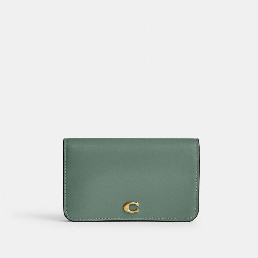 COACH®,Essential Slim Card Case,Calfskin Leather,Bi Fold,Logo,Metal,Casual,Green,Front View