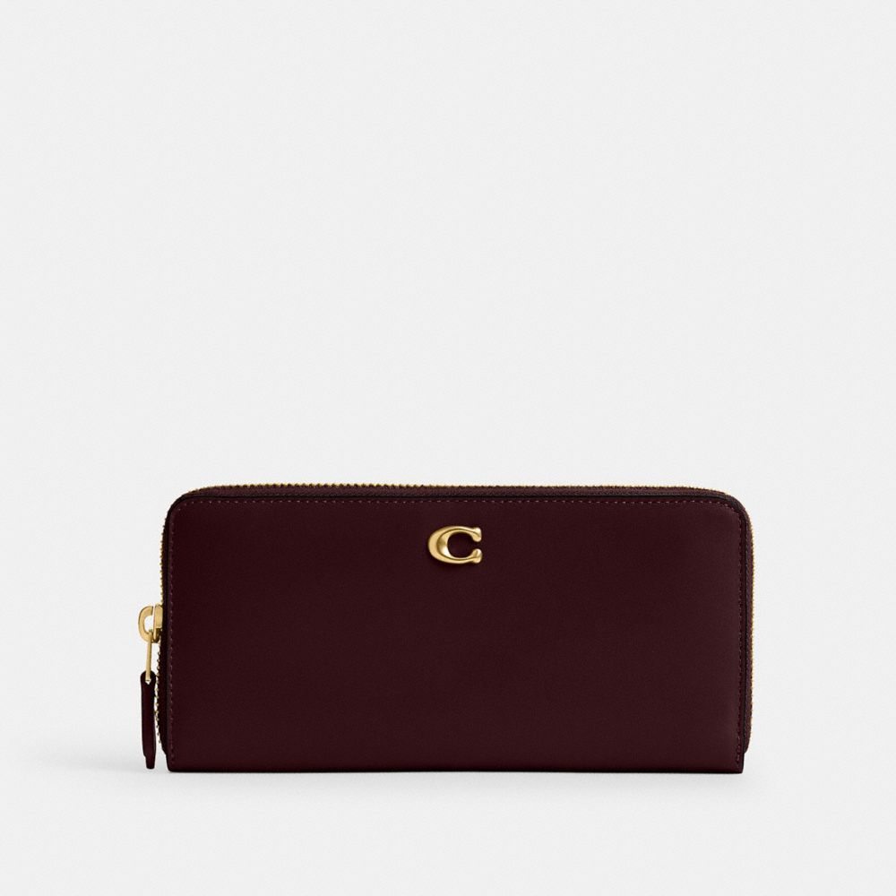 COACH®,Essential Slim Accordion Zip Wallet,Calfskin Leather,Leather,Continental,Metal,Logo,Casual,Maroon,Front View