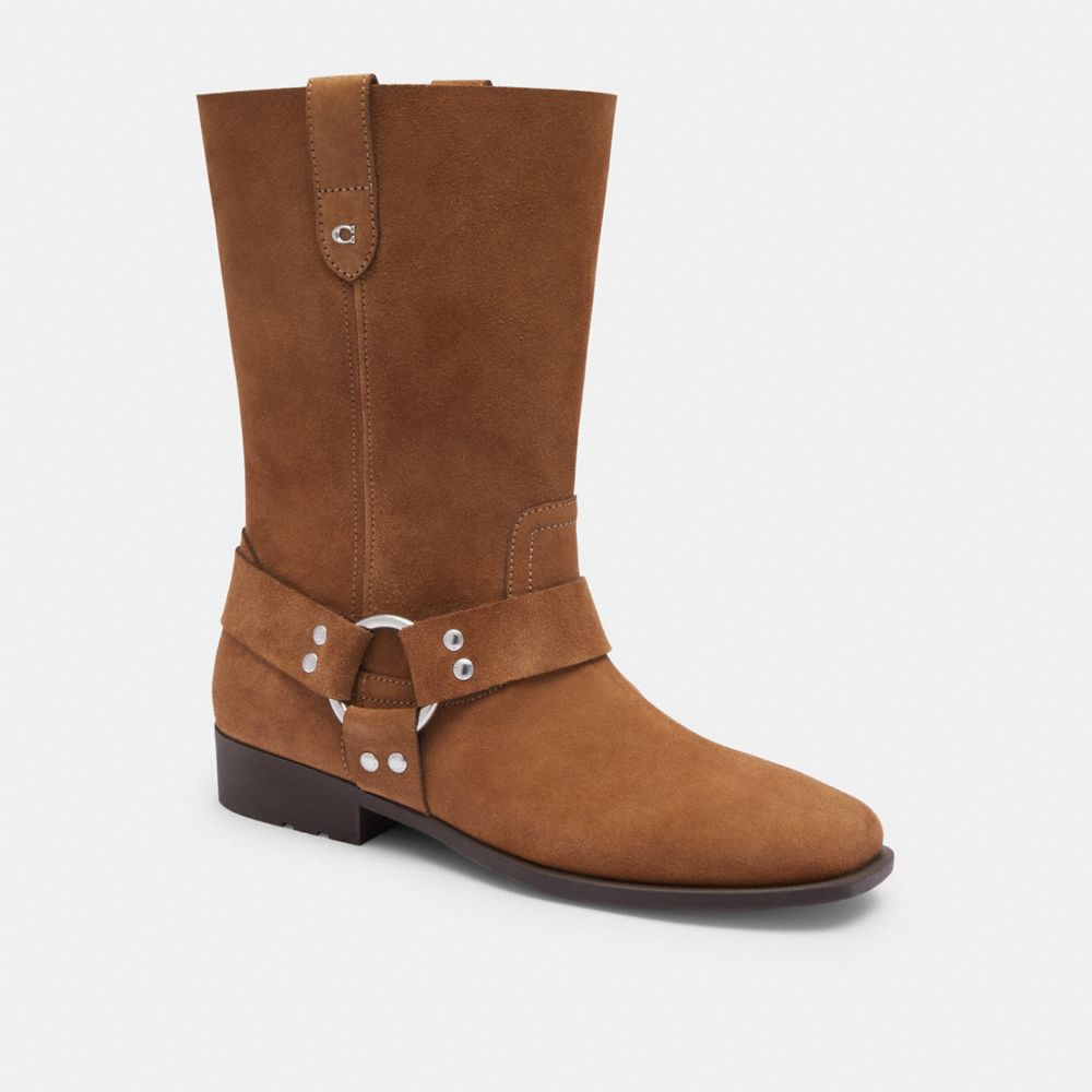 COACH®,Tara Biker Boot,Rubber,Suede,Moto,Logo,Metal,Harness Embellishment,Studded,Pull Tab,Silver Metal,Outdoor,Brown,Front View
