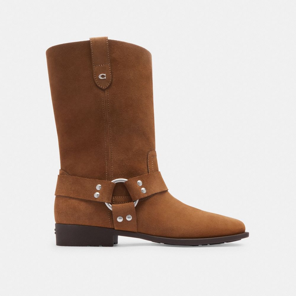 COACH®,Tara Biker Boot,Rubber,Suede,Moto,Logo,Metal,Harness Embellishment,Studded,Pull Tab,Silver Metal,Outdoor,Brown,Angle View