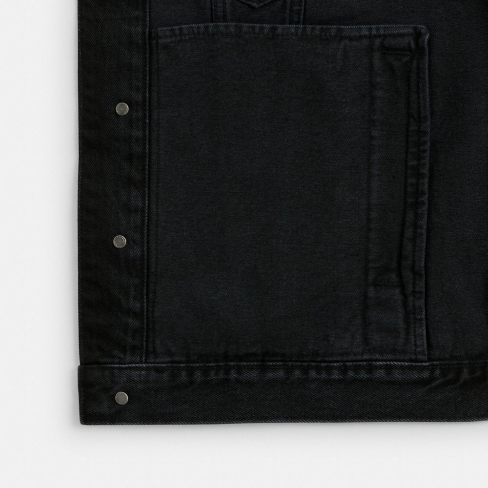 COACH®,Black Denim Jacket In Organic Cotton,Leather,Organic Cotton,Trucker,Denim,No Embellishment,Casual,,Inside View,Top View