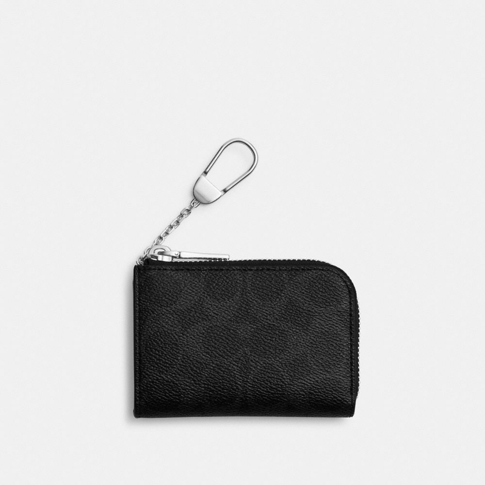 COACH®,L-Zip Key Case In Signature Canvas,Leather,Coin,Color Block,Casual,Black,Front View
